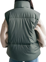 Cropped olive green puffer vest with stand collar