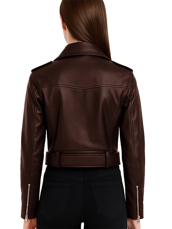 Dark Brown Leather Biker Jacket for Womens