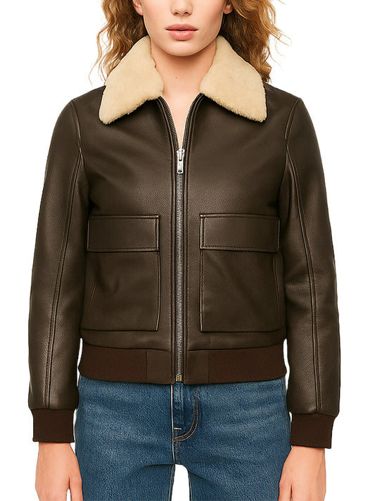 Dark Brown Leather Bomber Jacket With Shearling Collar