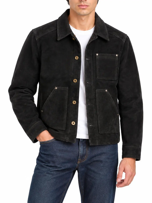Full length male model wearing black suede workwear jacket