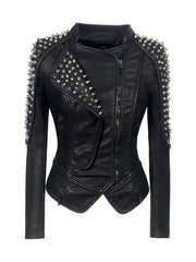 Women’s Black Studded Leather Biker Jacket with Spiked Shoulders