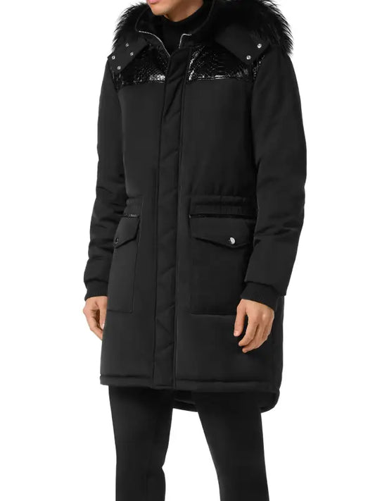 Men’s Long Black Winter Coat with Faux Fur Hood, Insulated Parka Jacket