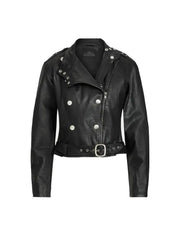Women’s Black Leather Biker Jacket with Silver Hardware
