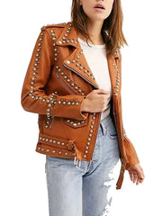 Women’s Tan Studded Leather Biker Jacket with Silver Rivets