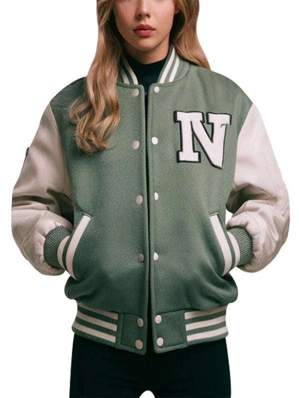 Green and White Varsity Jacket for Women Classic College Style