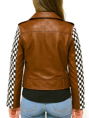 Women’s Brown Checkered Leather Biker Jacket – Trendy Studded Moto Style
