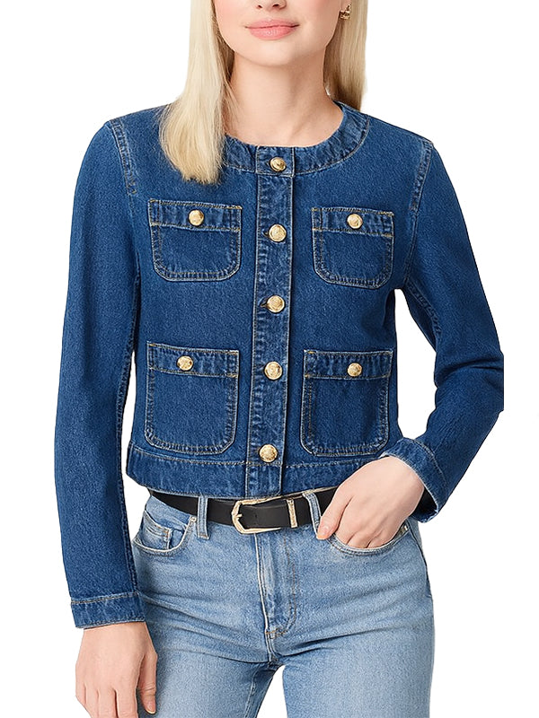 Ladies Cropped Style Collarless Denim Jacket