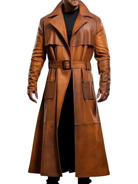 Premium Long Brown Leather Trench Coat for Men