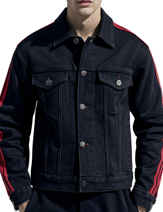 Men's Black Denim Jacket With Red Stripes - The Leather Jackets