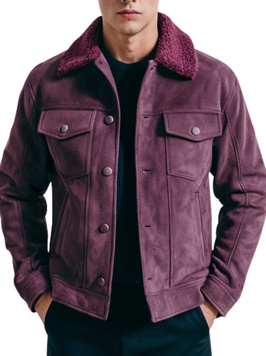 Men’s Burgundy Suede Jacket With Sherpa Collar - The Leather Jackets