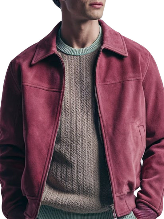 Men’s Classic Bomber Style Maroon Suede Leather Jacket - The Leather Jackets