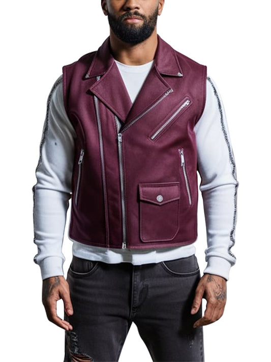 Men's Burgundy Leather Biker Vest With Asymmetrical Zipper - The Leather Jackets