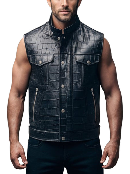 Men's Crocodile Pattern Black Leather Vest - The Leather Jackets