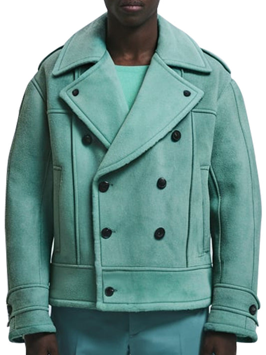 Men’s Mint Green Double-Breasted Suede Jacket - The Leather Jackets
