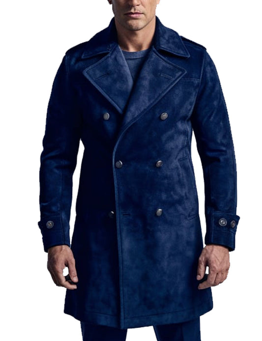Men's Navy Blue Suede Double-Breasted Trench Coat - The Leather Jackets
