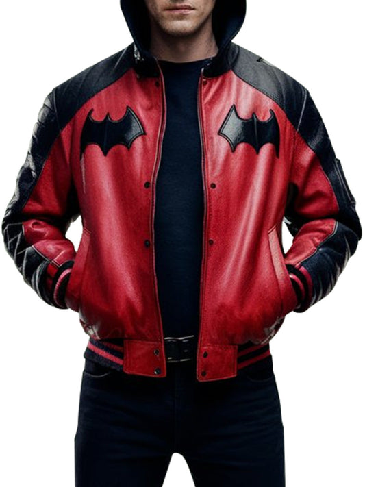 Men's Red And Black Bat-Inspired Leather Hoodie Jacket - The Leather Jackets