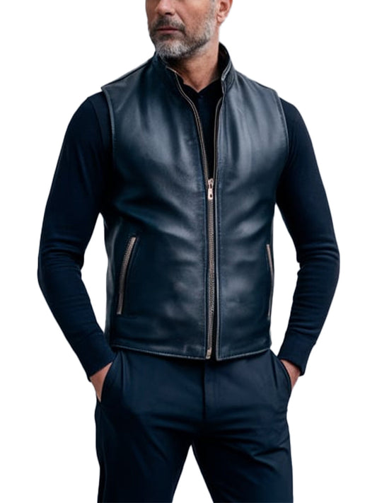 Men's Stylish Zip-Up Black Leather Biker Vest - The Leather Jackets