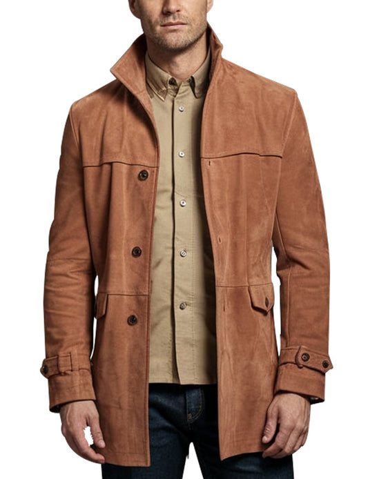 Men's Suede Leather Trench Coat In Tan Brown - The Leather Jackets