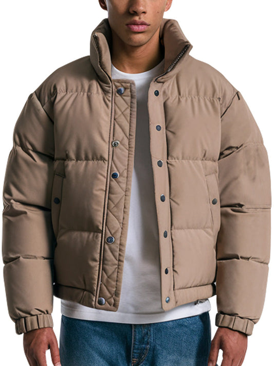 Men's Tan Puffer Jacket With High Collar - The Leather Jackets