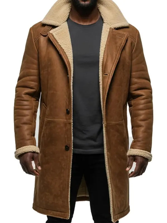 Men's Tan Shearling Sheepskin Military Coat