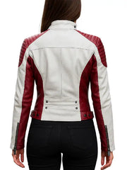 Women’s Red and White Leather Coltello Moto Biker Jacket