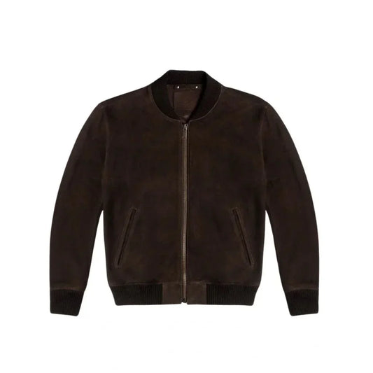 Men's dark brown suede bomber jacket with front zipper and ribbed cuffs on white background