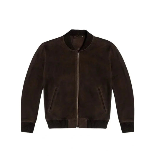 Men's dark brown suede bomber jacket with front zipper and ribbed cuffs on white background