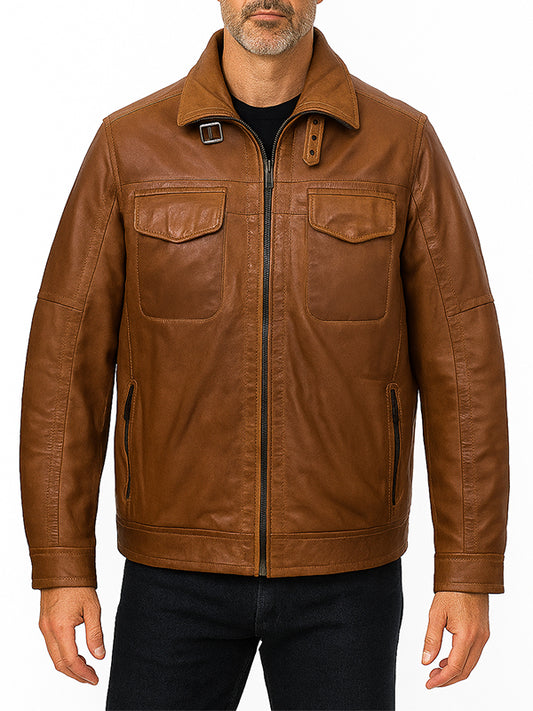 Men's Tan Brown Trucker Leather Jacket