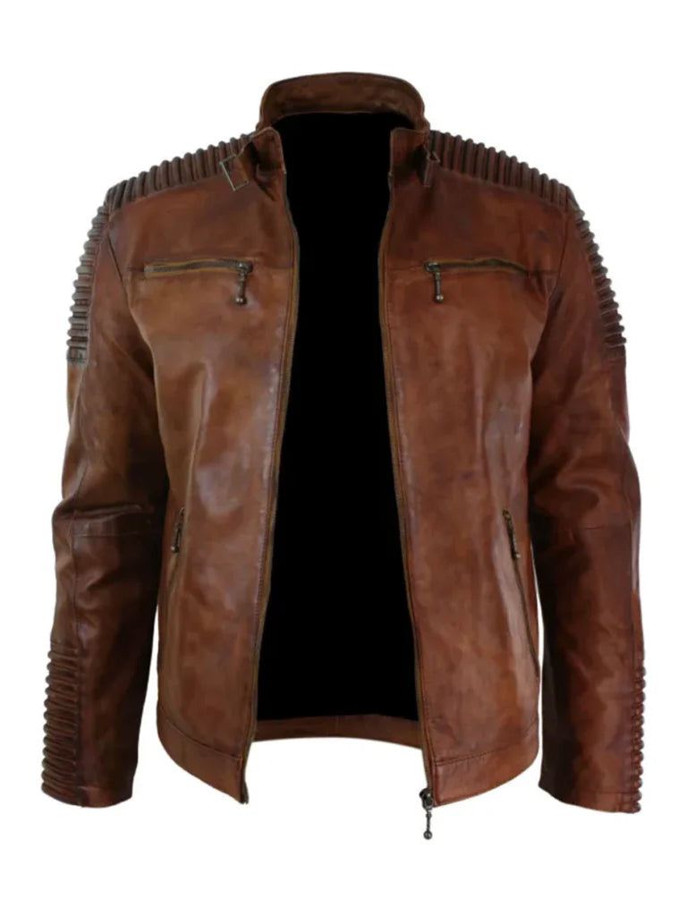 Men's brown leather racing jacket with zipper pockets