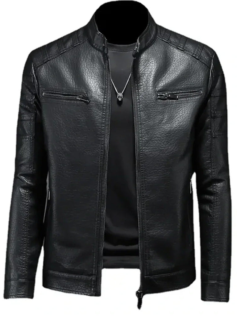 Men's slim fit black leather biker jacket with asymmetrical zip