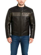 Mens Black Leather Biker Jacket with Contrast Panel