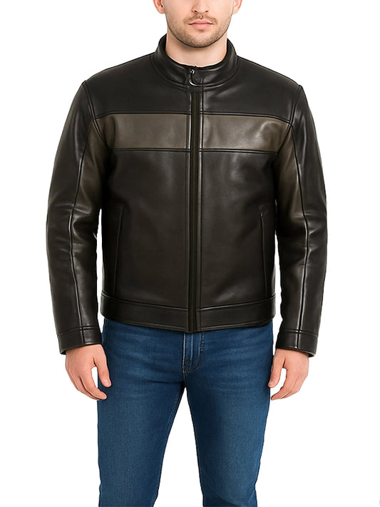Mens Black Leather Biker Jacket with Contrast Panel