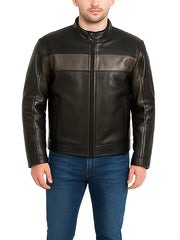 Mens Black Leather Biker Jacket with Contrast Panel