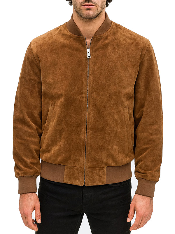 Mens Brown Bomber Suede Leather Jacket
