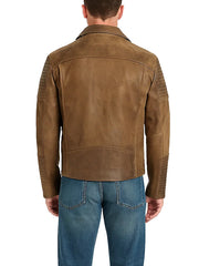 Mens Brown Leather Biker Jacket Vintage Moto Style with Quilted Sleeves