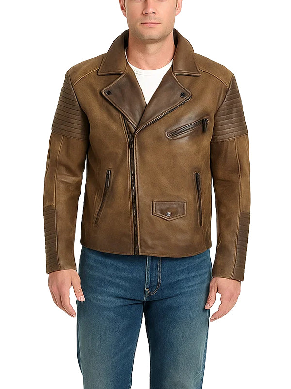 Mens Brown Leather Moto Biker Jacket