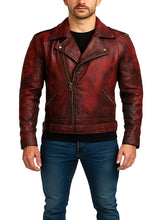 Mens Distressed Red Leather Biker Jacket