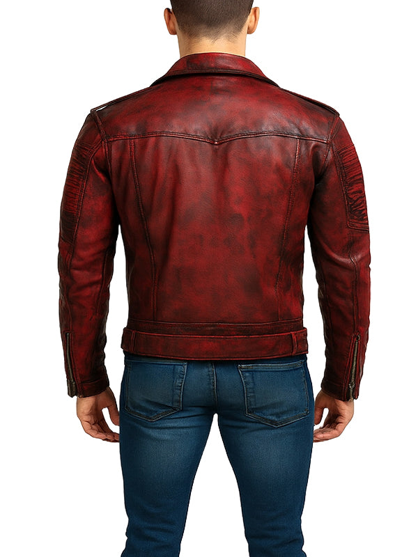 Mens Distressed Red Leather Biker style Jacket