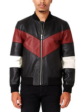 Mens Leather Bomber Jacket With Maroon And White Panels