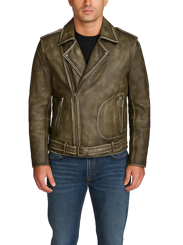 Mens Olive Green Leather Biker Jacket