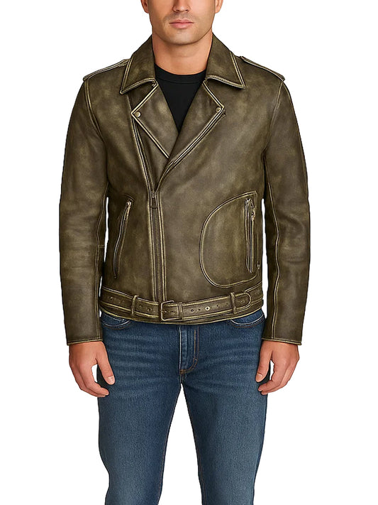 Mens Olive Green Leather Biker Jacket