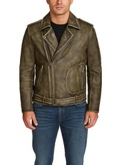 Mens Olive Green Leather Biker Jacket