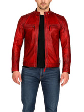 Mens Slim Fit Red Leather Biker Jacket