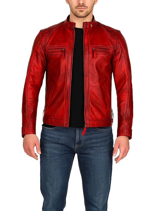 Mens Slim Fit Red Leather Biker Jacket