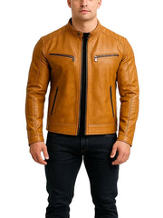 Mens Tan Brown Moto Leather Jacket