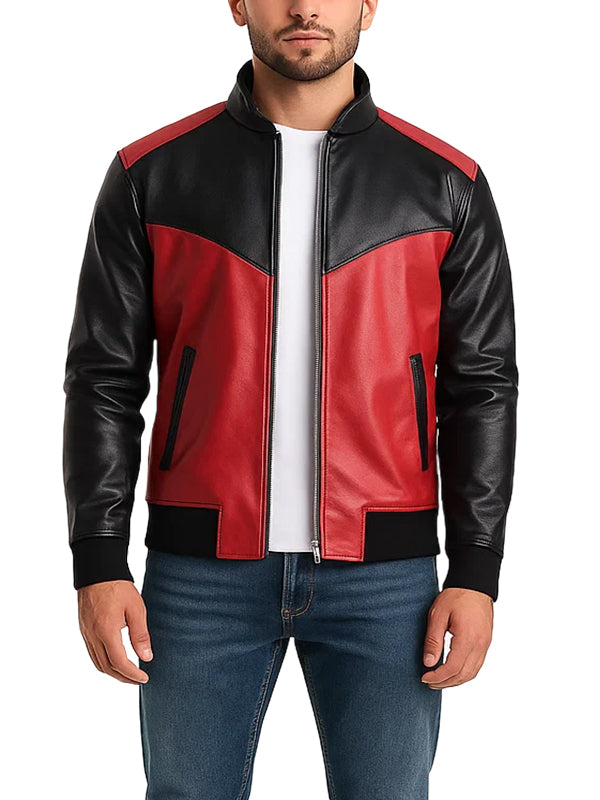 Mens Two Tone Red and Black Bomber Leather Jacket
