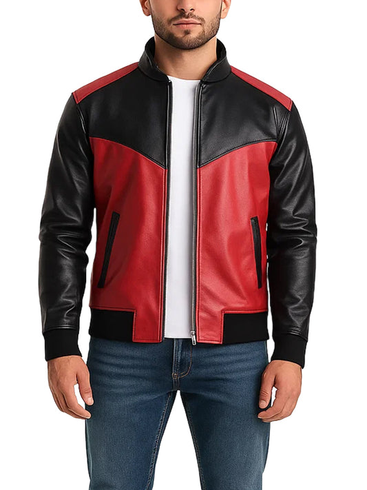 Mens Two Tone Red and Black Bomber Leather Jacket