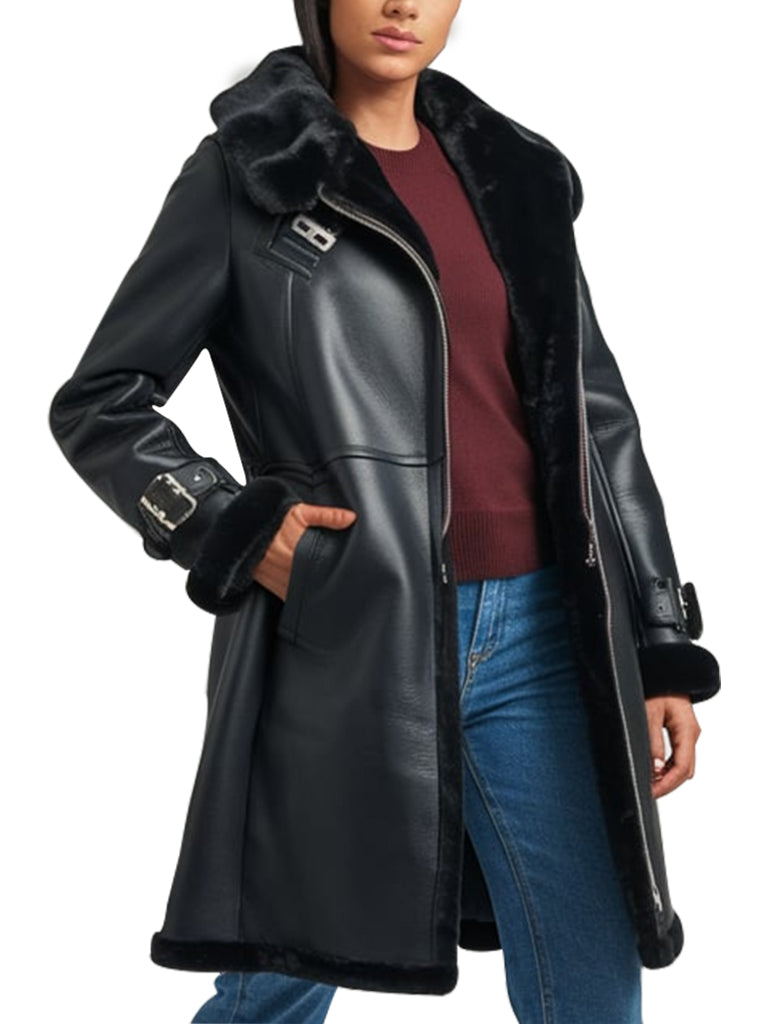 Mid-length black leather fur trimmed winter coat