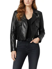Women’s Black Cropped Leather Jacket with Front Pockets
