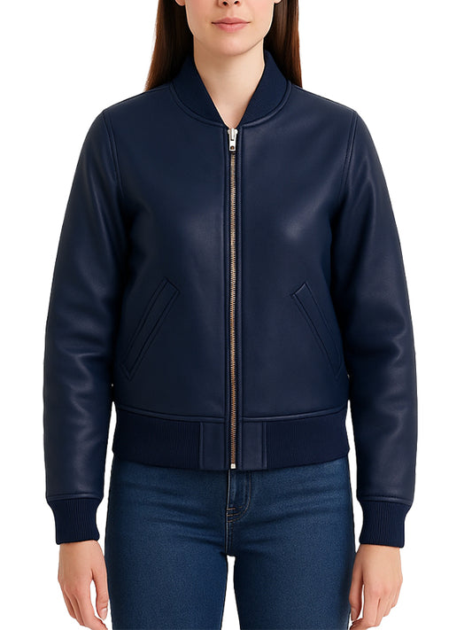 Navy Blue Women Leather Bomber Jacket